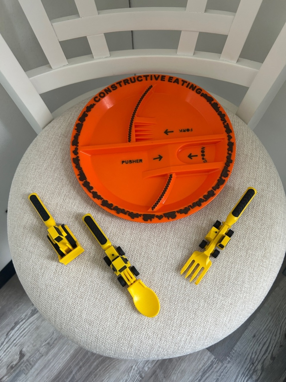Constructive Eating Orange Divided Plate with Yellow Adaptive Utensils